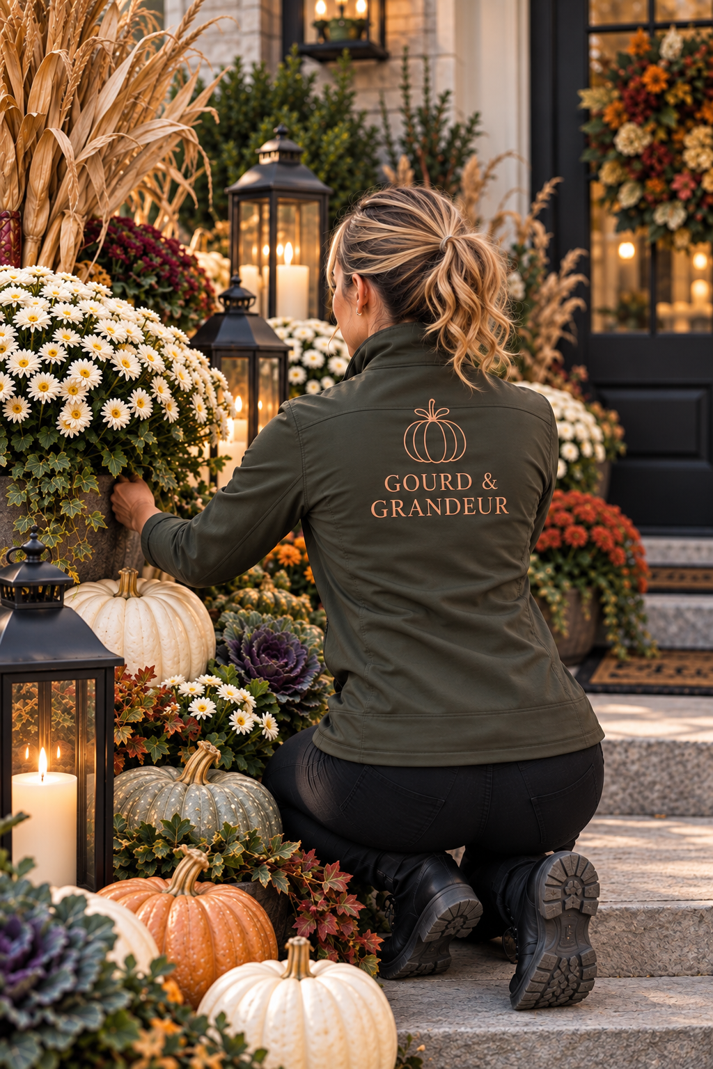 Gourd and Grandeur designer styling an autumn entrance